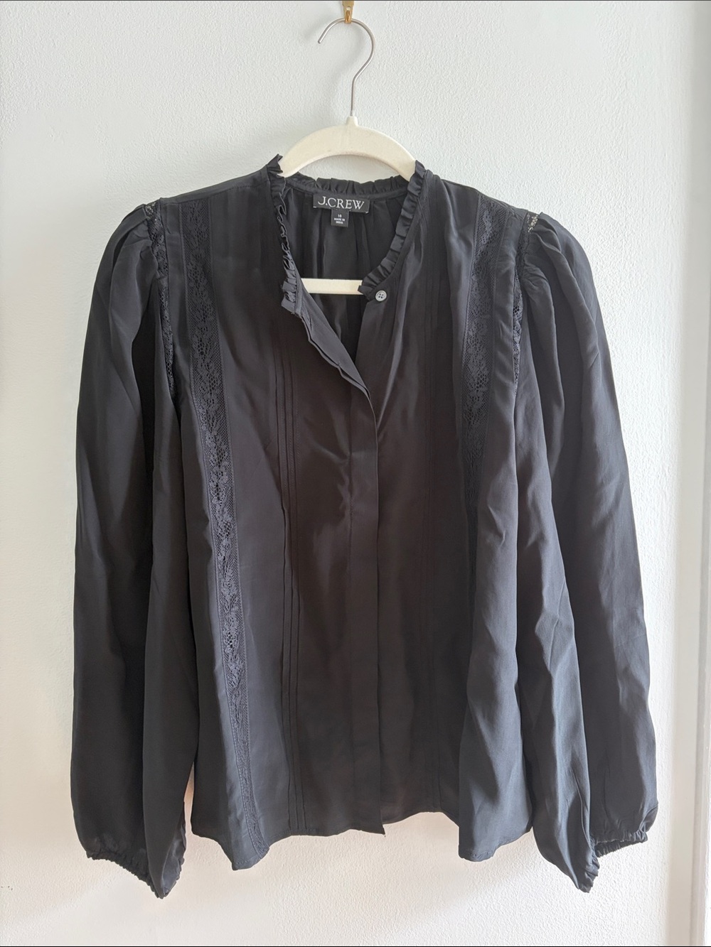 J. Crew Factory Black Lace-Trim Button-Front Blouse